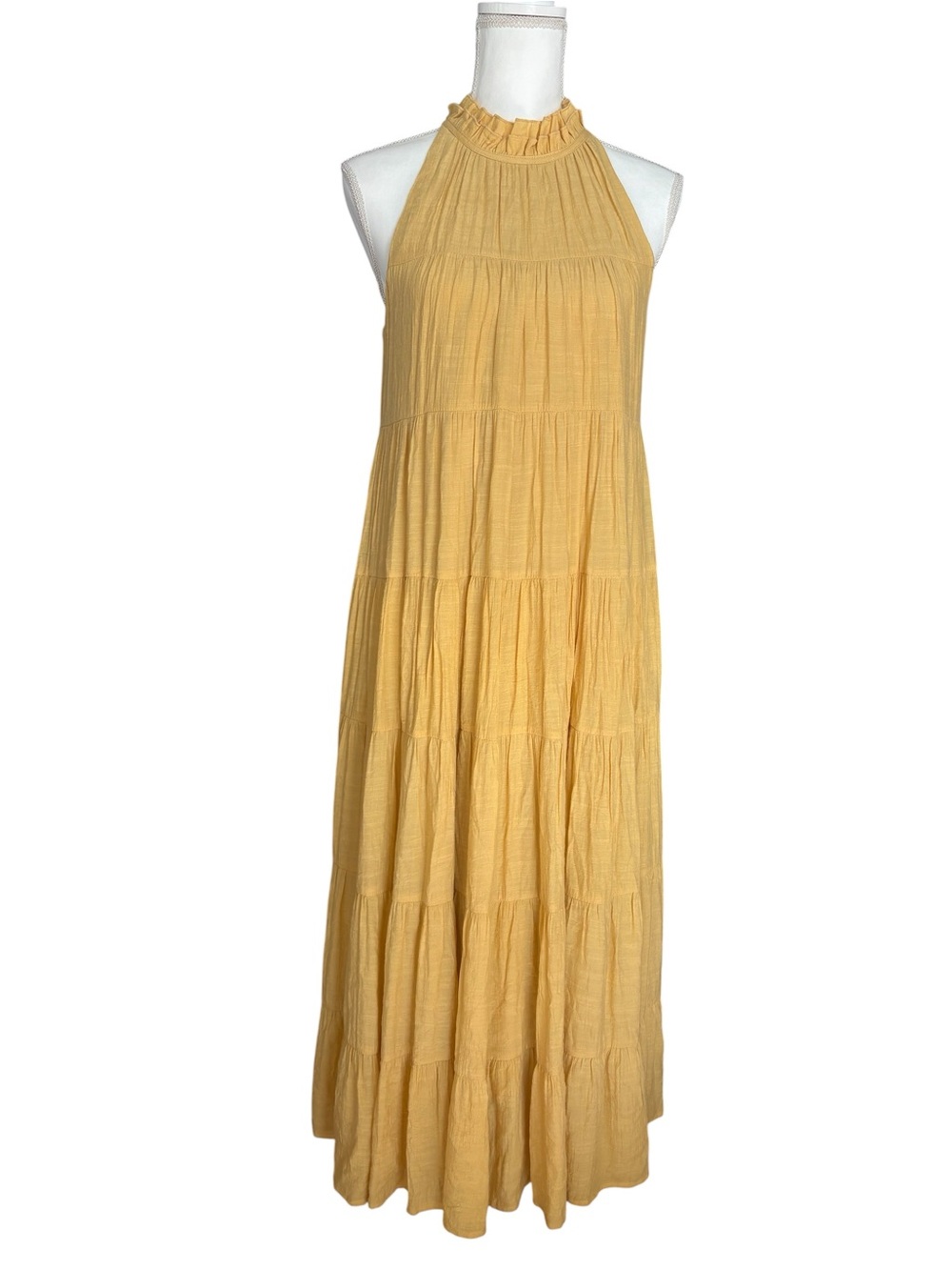 Entro Yellow Ruffle Halter Tiered Maxi Dress Small NWT Boho Sun Pleated D16006